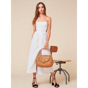 Reformation Manon Linen Tencel Cut Out Open Back Midi Dress in White Size 0